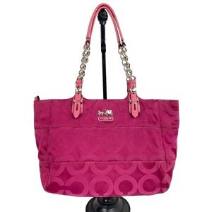 Coach Signature Satin Canvas Satchel Magenta & Pink Bag Charm Double Handles